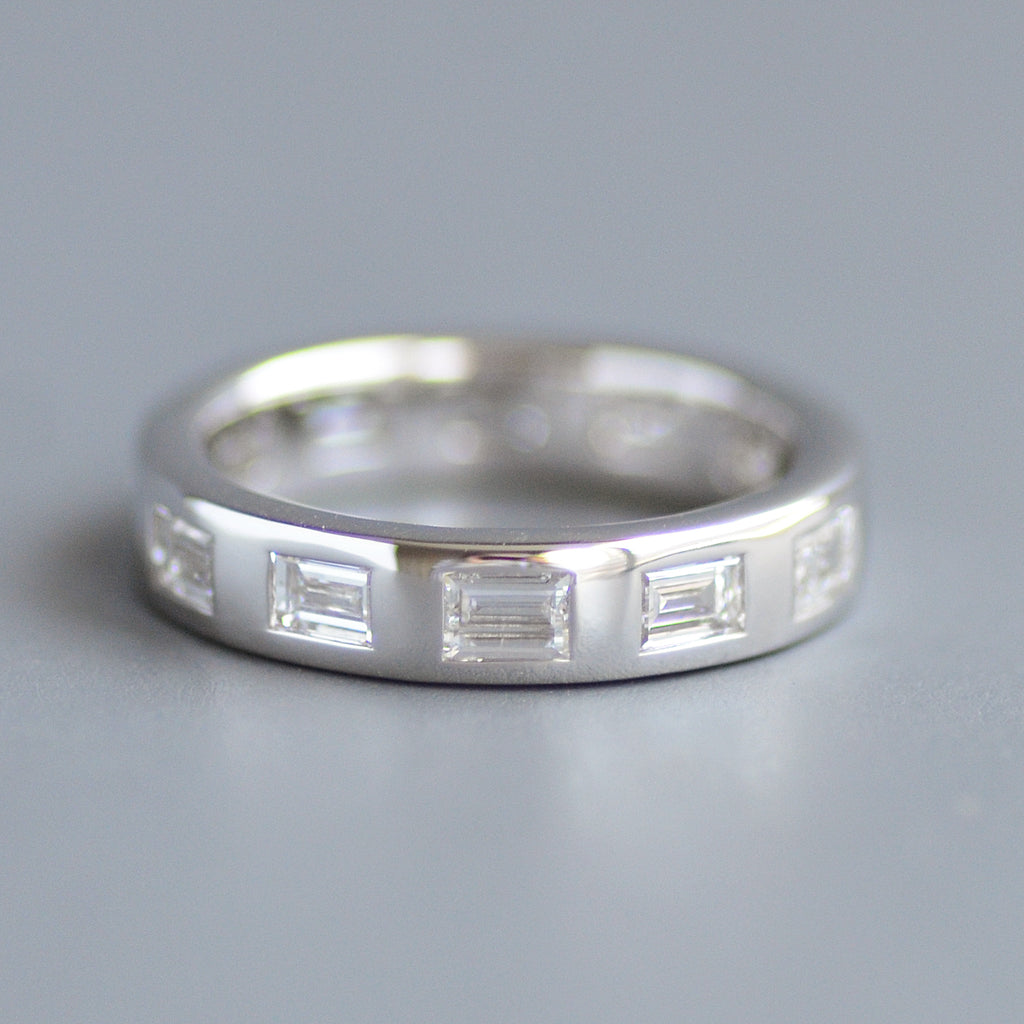Wide emerald cut eternity band