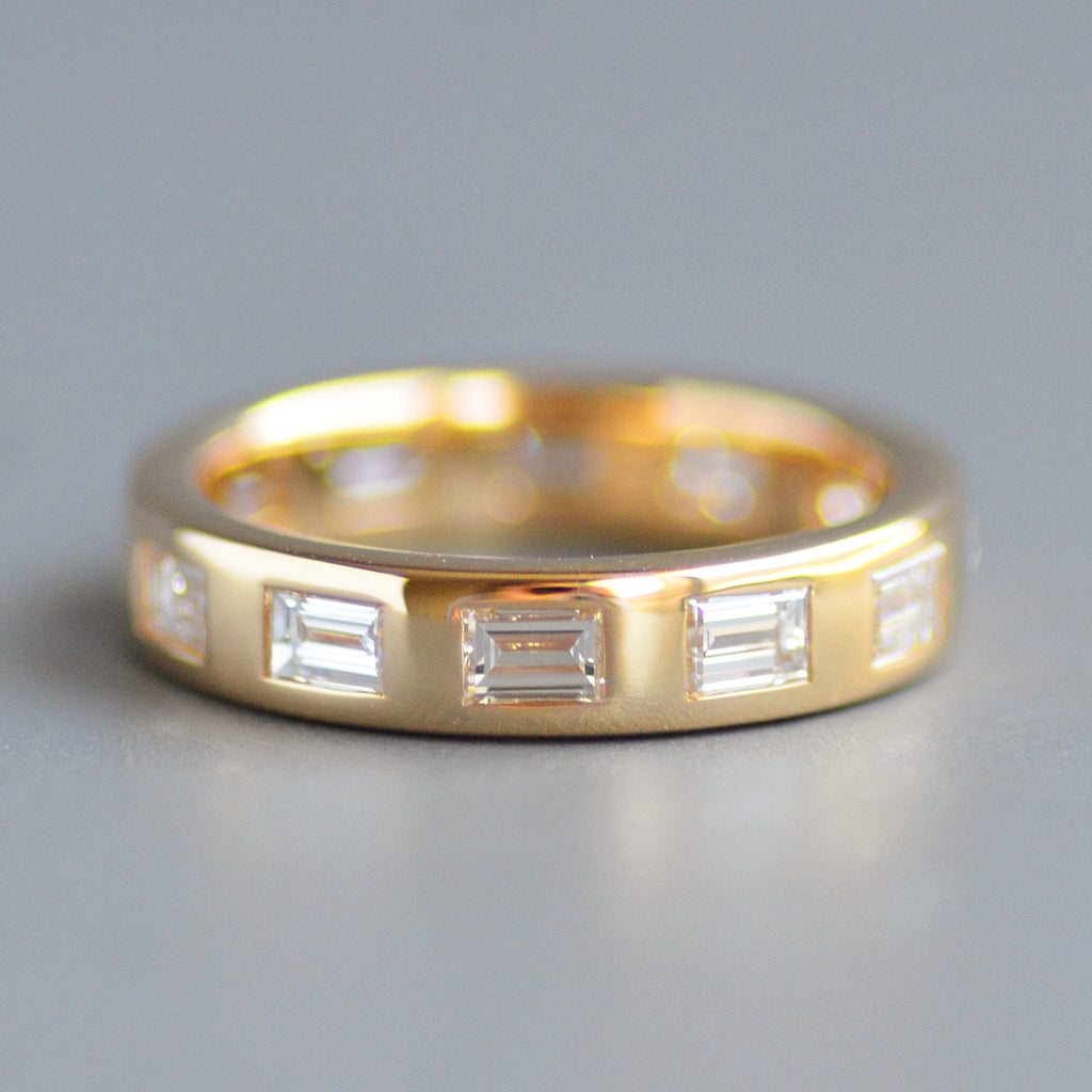 Wide emerald cut eternity band
