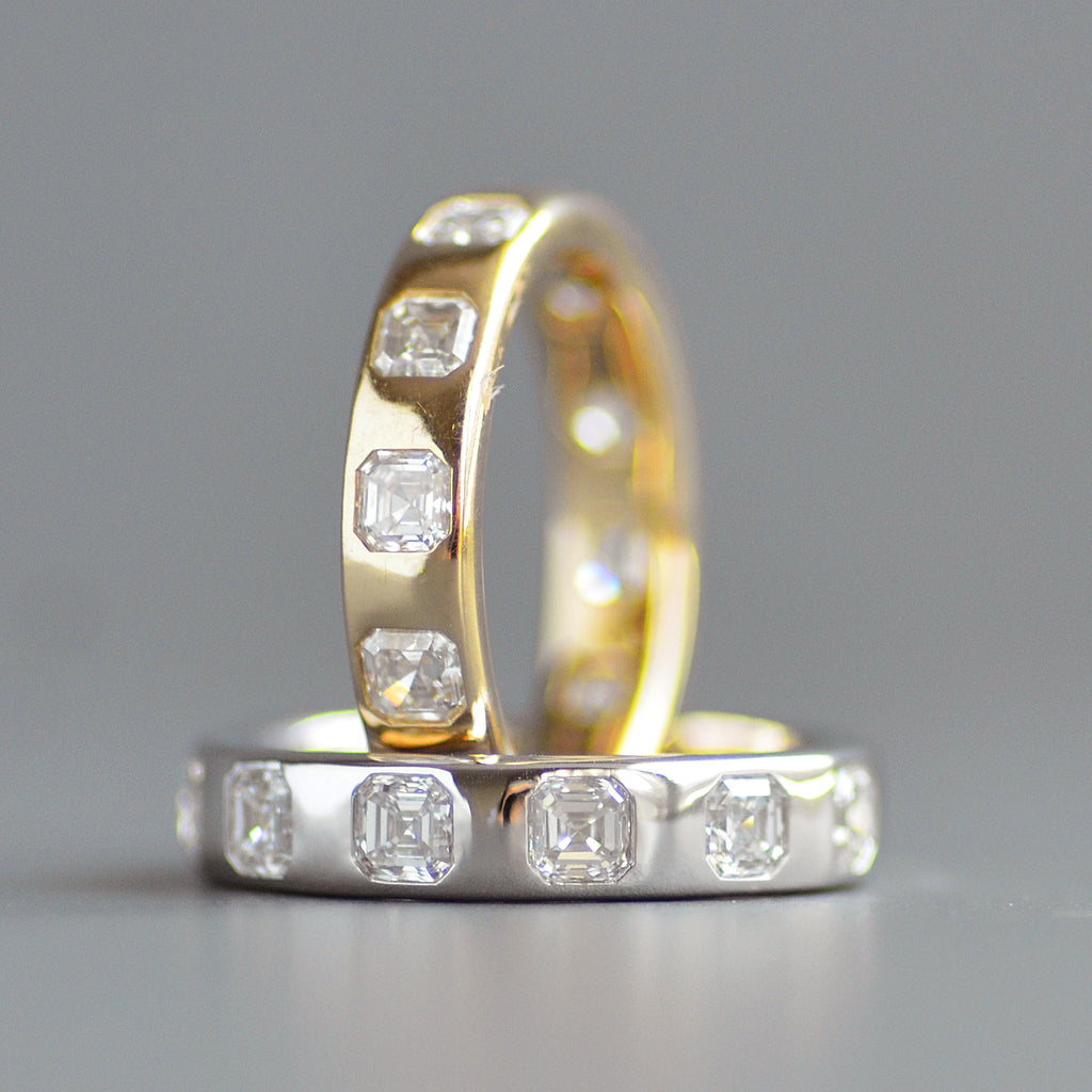 Wide asscher cut eternity band