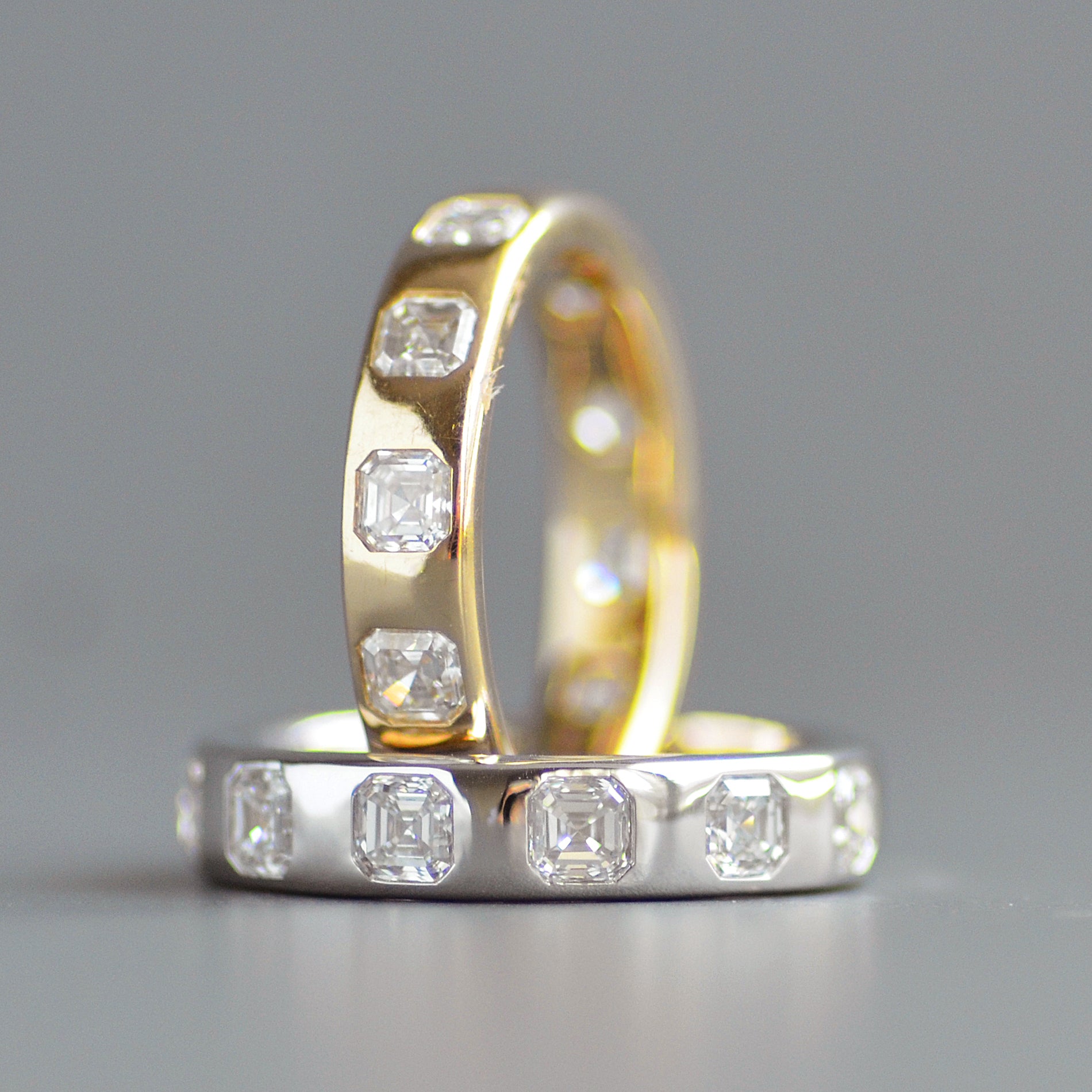 Wide asscher cut eternity band