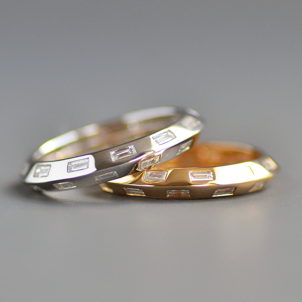 Knife edge eternity band baguettes alternating