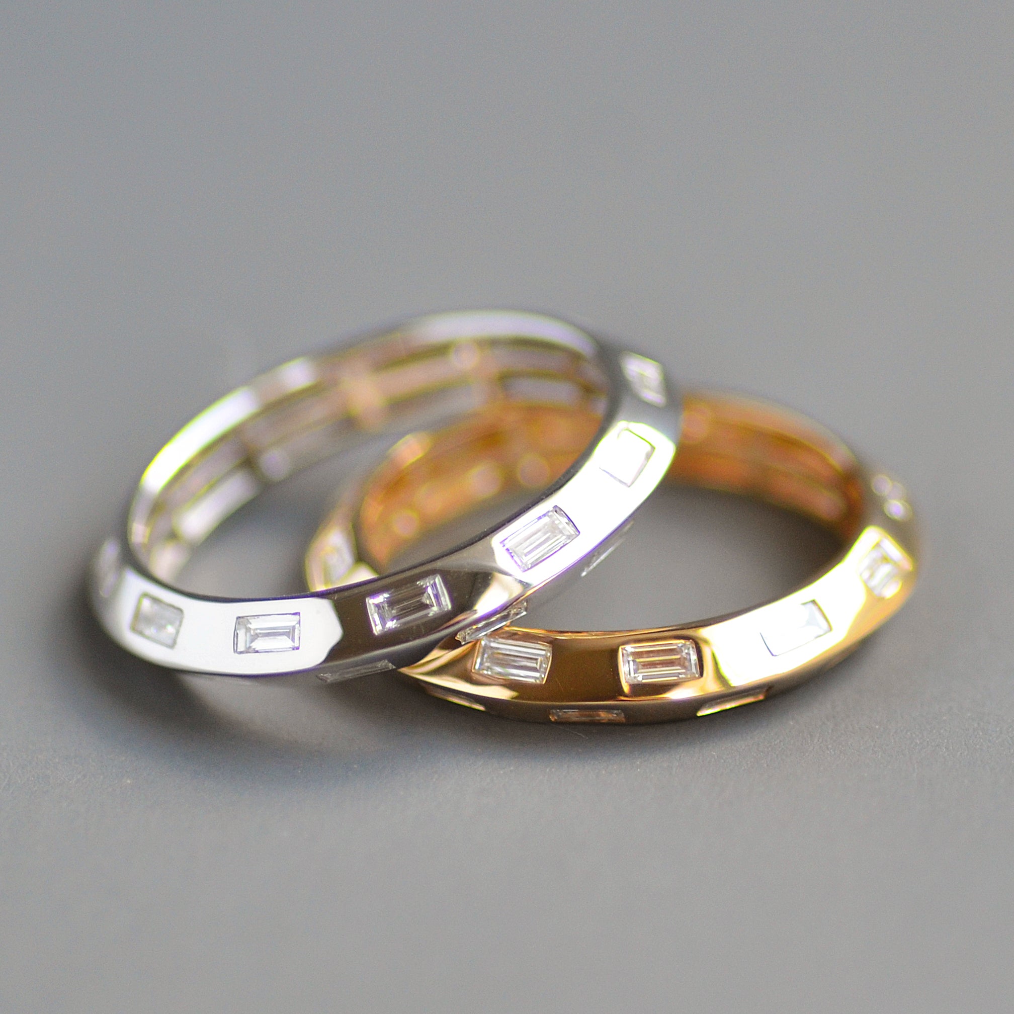 Knife edge eternity band baguettes alternating