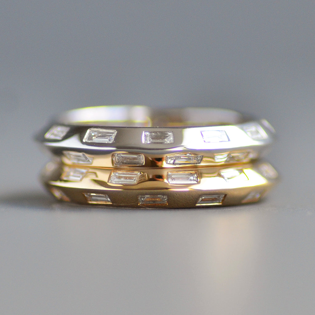 Knife edge eternity band baguettes alternating