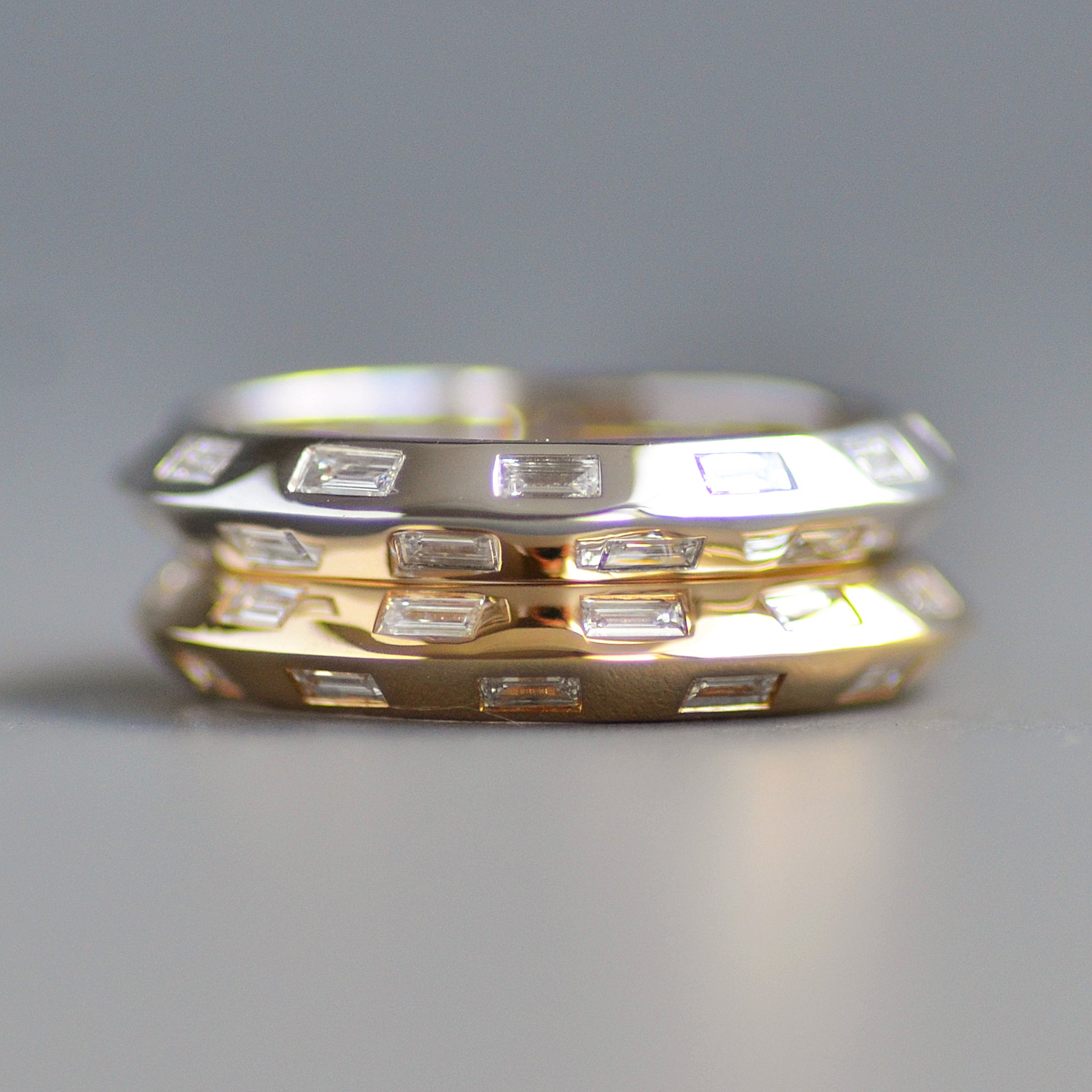 Knife edge eternity band baguettes alternating